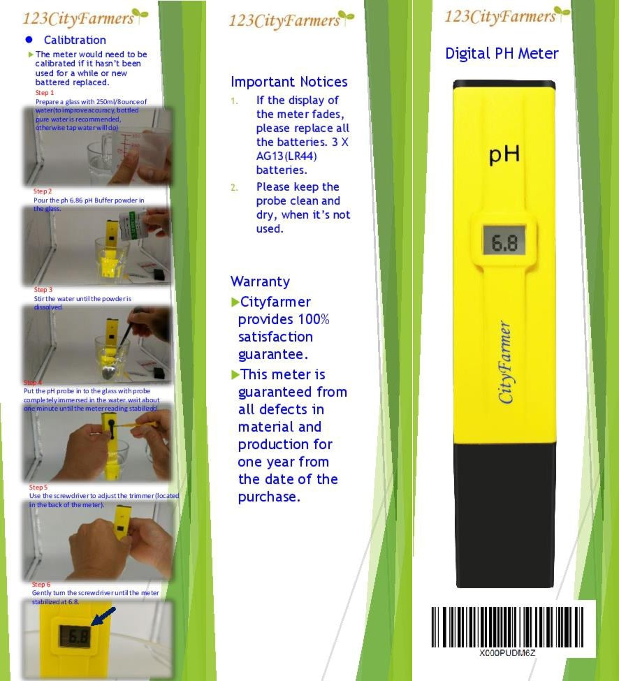 CityFarmer PH Meter for Water Hydroponics, with 2 Pack of Calibration Solution Mixture Included