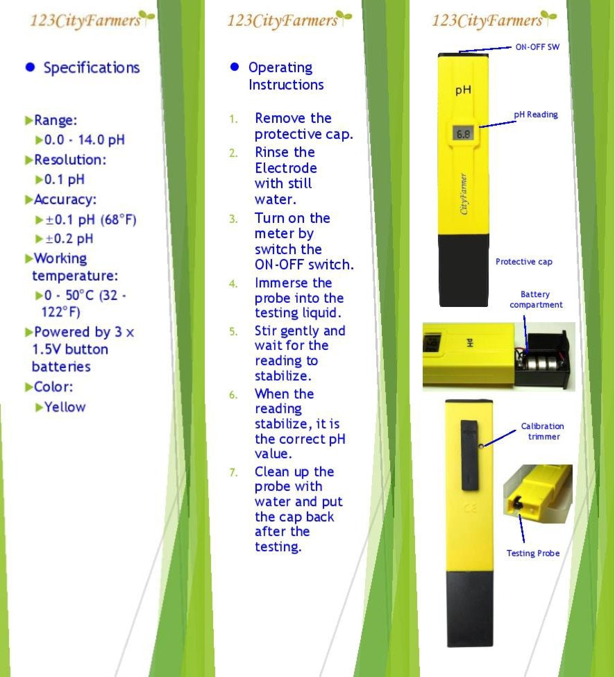 CityFarmer PH Meter for Water Hydroponics, with 2 Pack of Calibration Solution Mixture Included